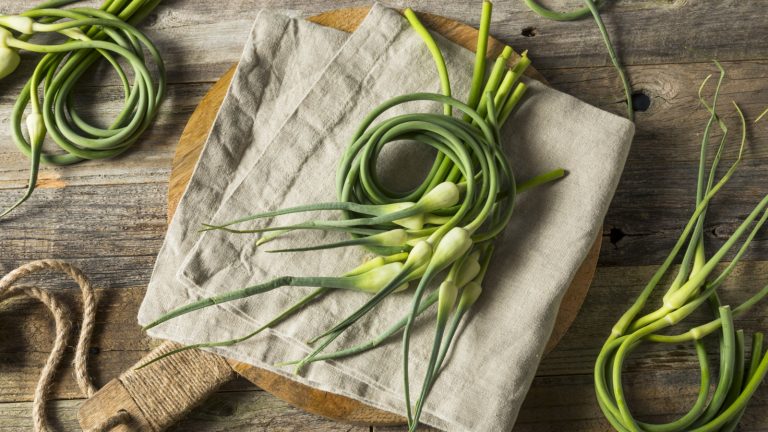 Raw green garlic scapes on a wooden chopping board