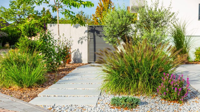 Les concepteurs mettent en garde contre 9 erreurs de jardin minimalistes à ne jamais faire si vous voulez clouer la plus grande tendance de l’arrière-cour de cet été simple garden design with ornamental grasses, pavers and gravel landscaping