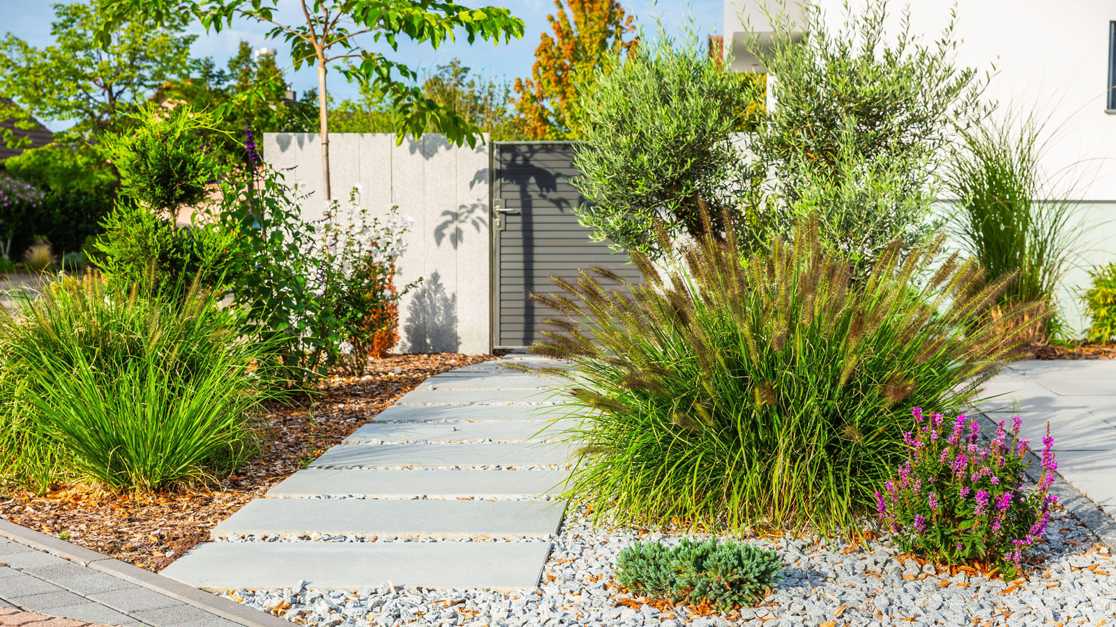 Design de jardin simple avec des herbes ornementales, des pavés et un aménagement paysager de gravier