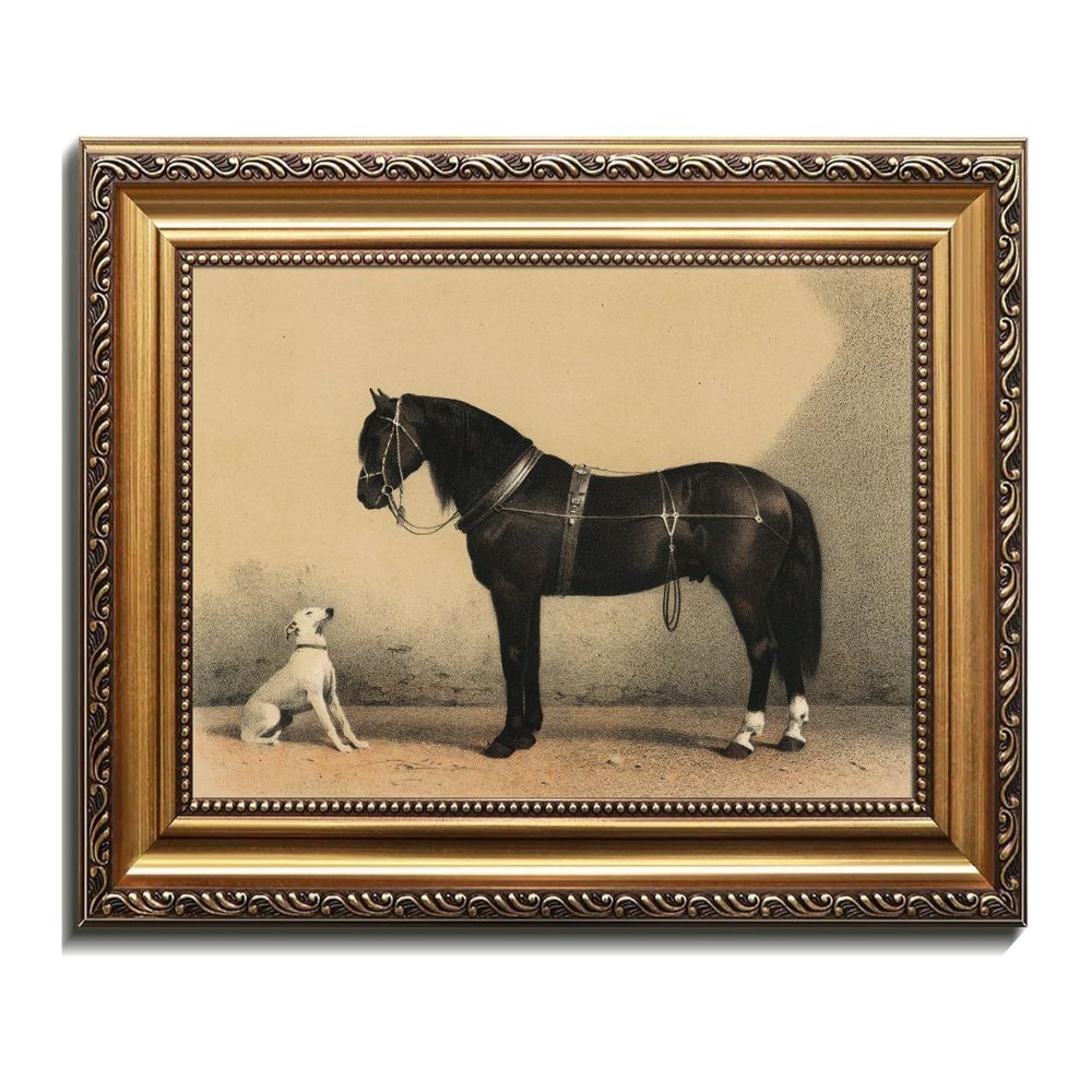 Peinture d'huile de chien et de cheval noir vintage