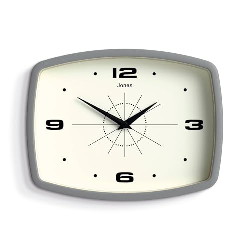 Jones Clocks® Movie Wall Clock | Horloge rétro rectangulaire | 10 pouces | Gris | Designer cool du milieu du siècle recherche de cuisine, de salon ou de bureau