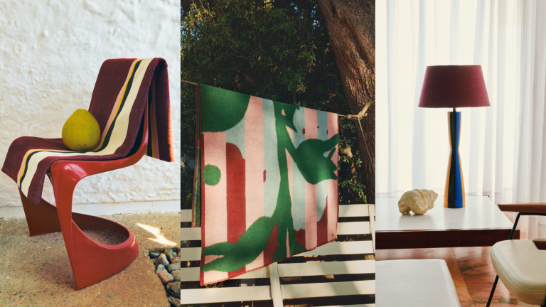 La nouvelle collaboration dirigée par Zara Home est sa collection la plus dynamique et artistique à ce jour – mais ces superbes pièces commencent à partir de seulement 13 $ an image of a chair holding a maroon blanket with white, yellow, and black stripes, an image of a towel hanging on a clothes line, and an image of a lamp with a maroon shade