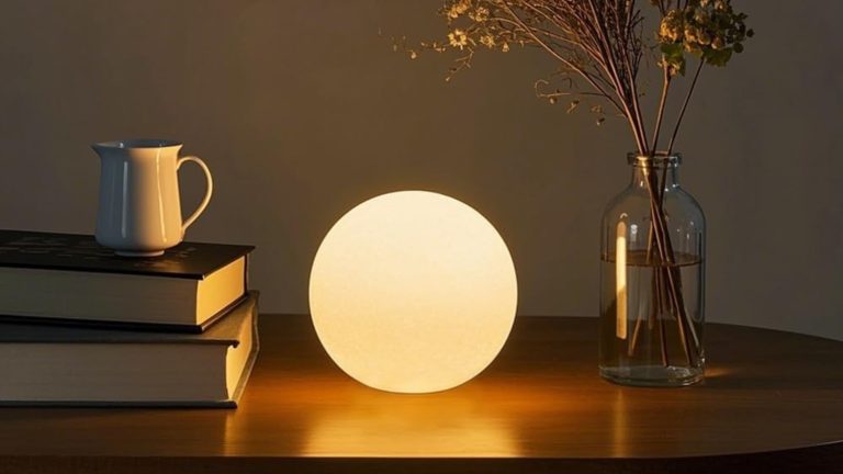Chaque appartement ridiculement chic, bar et hall d’hôtel présente cette lumière en ce moment et je pensais que ce serait si cher – il s’avère que c’est seulement 30 $ Orb lamp sitting on wooden table next to a clear vase and a stack of books