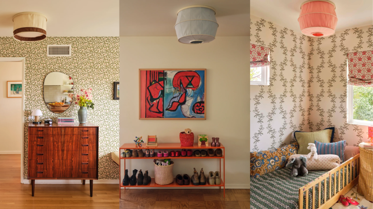 Ne laissez pas un laid « Light » ruiner le look de votre maison – ces supports à chasse d’eau conviviaux sont beaucoup plus attrayants et tout aussi faciles à installer set of three rooms. The first features intricate floral wallpaper, a wooden cabinet, and flowers on top of the cabinet. The second features a red shoe rack filled with shoes and abstract artwork on the walls. The final is a child's bedroom with a small bed filled with pillows and stuffed animals