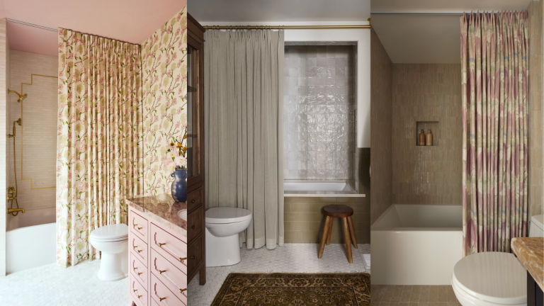 Pourquoi ne pas accrocher tous nos rideaux de douche au plafond? Je suis convaincu que c’est le commutateur le moins cher et le plus simple pour rendre votre salle de bain plus chic three images of bathrooms with tall shower curtains