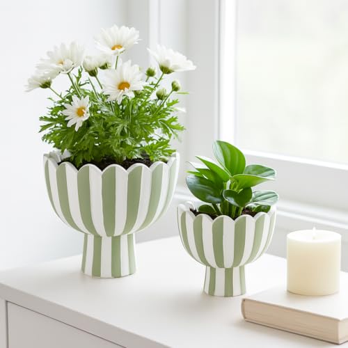Pots et jardinières à rayures pour décoration intérieure et amp; ndash; Pots intérieurs ou extérieurs modernes pour les plantes parfaites pour les orchidées, les herbes ou les fougères & amp; ndash; Pot chic pour le support de plante intérieure; Ensemble de 2 & amp; ndash; 8 & quot;, 6 & quot; Vert & amp; amp; Blanc