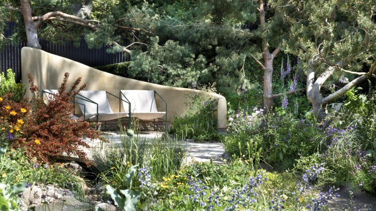 5 arbustes invasifs à éviter à tout prix, et les meilleures alternatives indigènes pour planter à la place A show garden with seating, trees, and shrubs at the Chelsea Flower Show