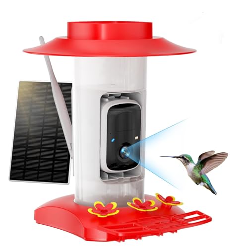 Mangeur de colibri avec caméra pour l'extérieur, mangeoire à oiseaux intelligents à énergie solaire 2K avec douves de fourmis & amp; amp; Garde d'abeille, capture automatique, reconnaissance de l'IA, cadeau pour la famille & amp; amp; amp; Amis (21 oz) (rouge)