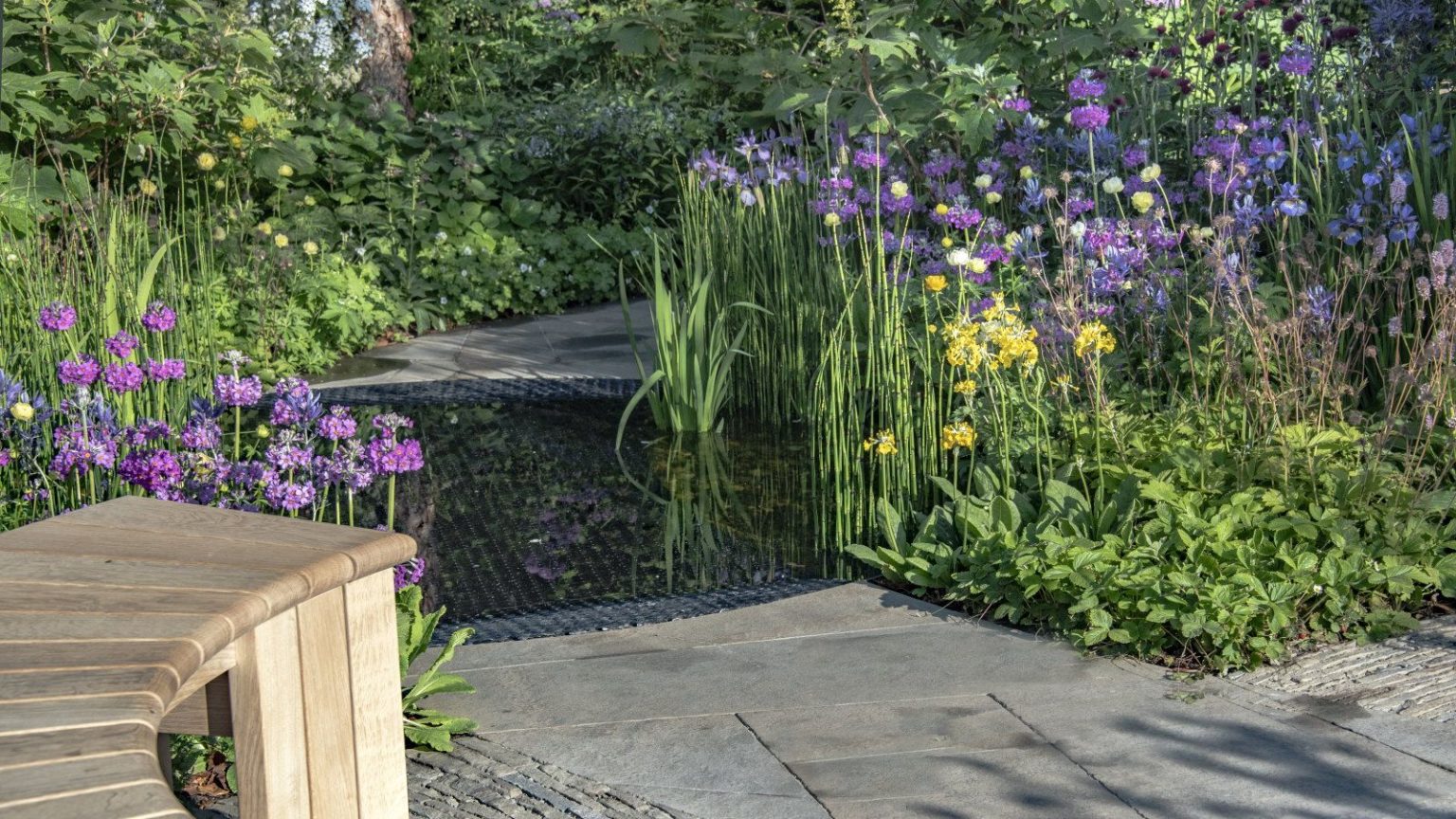 7 plantes au paillis en octobre – Isulser ces plantes tendres avant le gel peut les sauver d’une disparition d’hiver Purple and yellow flowers in a border around a circular pond