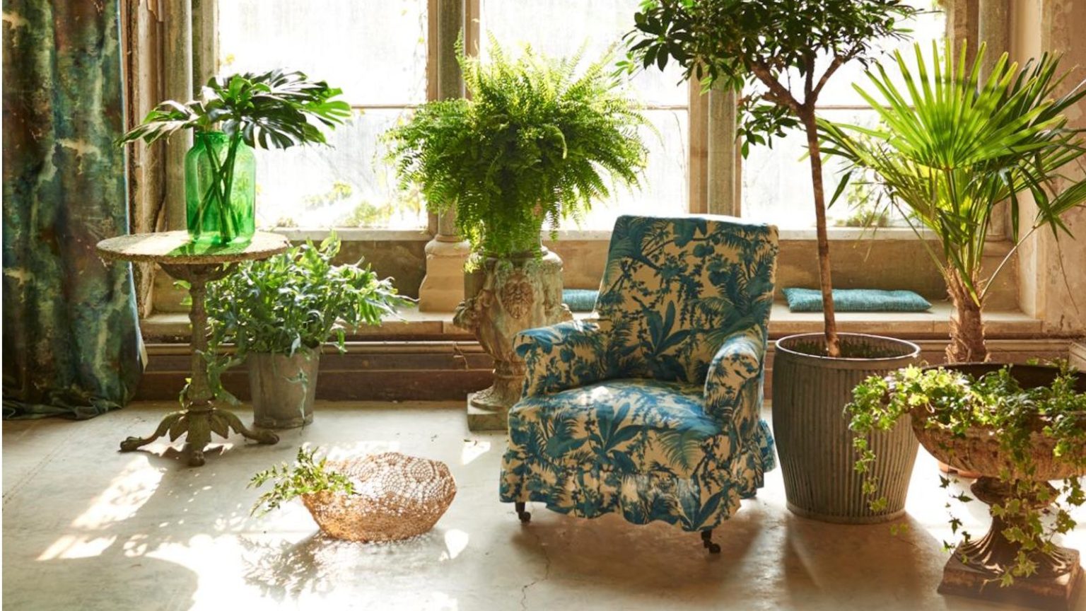 Les architectes d’intérieur ne jurent que par ces 5 astuces pour superposer des plantes d’intérieur – pour une jungle intérieure luxuriante dans votre salon Houseplants on display in a room with a beautiful patterned chair