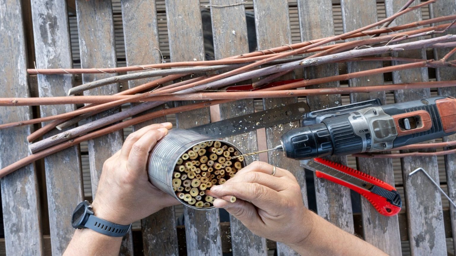 Les abris fauniques DIY sont essentiels pour aider les créatures de votre jardin en hiver – 4 idées simples et expertes pour vous aider à démarrer DIY wildlife shelters - a man making a bug hotel from bamboo and a tin can
