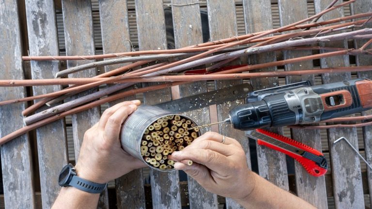 Les abris fauniques DIY sont essentiels pour aider les créatures de votre jardin en hiver – 4 idées simples et expertes pour vous aider à démarrer DIY wildlife shelters - a man making a bug hotel from bamboo and a tin can