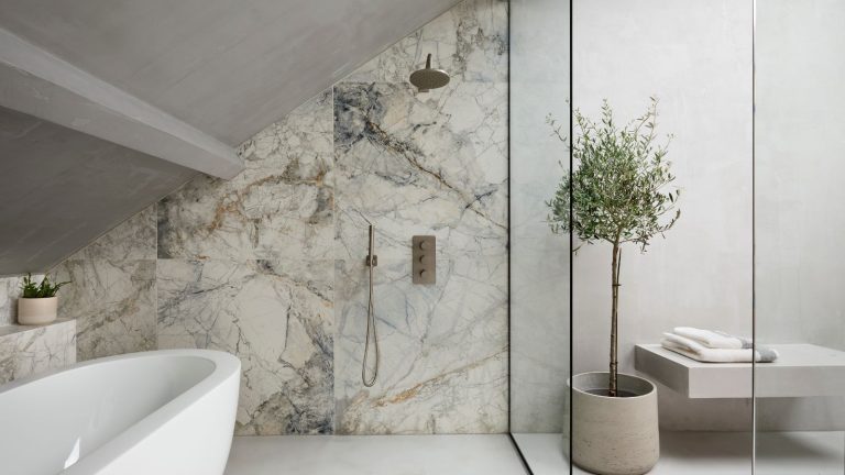 Nous l’avons essayé et désolé, mais non, le vinaigre n’enlèvera pas votre moisissure noire de douche – Nos professionnels de la moisissure ont la solution permanente à utiliser à la place. A modern bathroom with a large marble-walled wet room complete with a shower and free-standing tub.