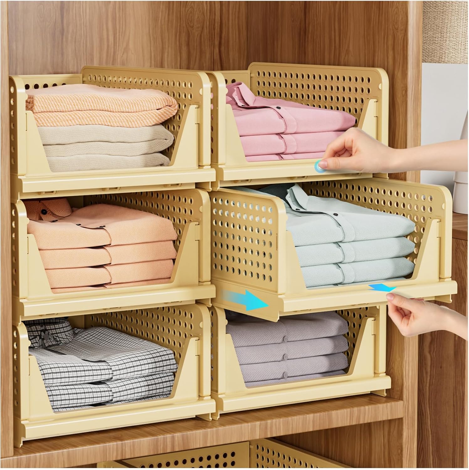Snslxh Lot de 5 paniers de rangement empilables pour placard, multifonctionnel et multifonction. Organisateur de placard pliable pour salle de bain, cuisine, buanderie, garde-robe, organisateur de tiroir de rangement pour vêtements peu encombrant, blanc
