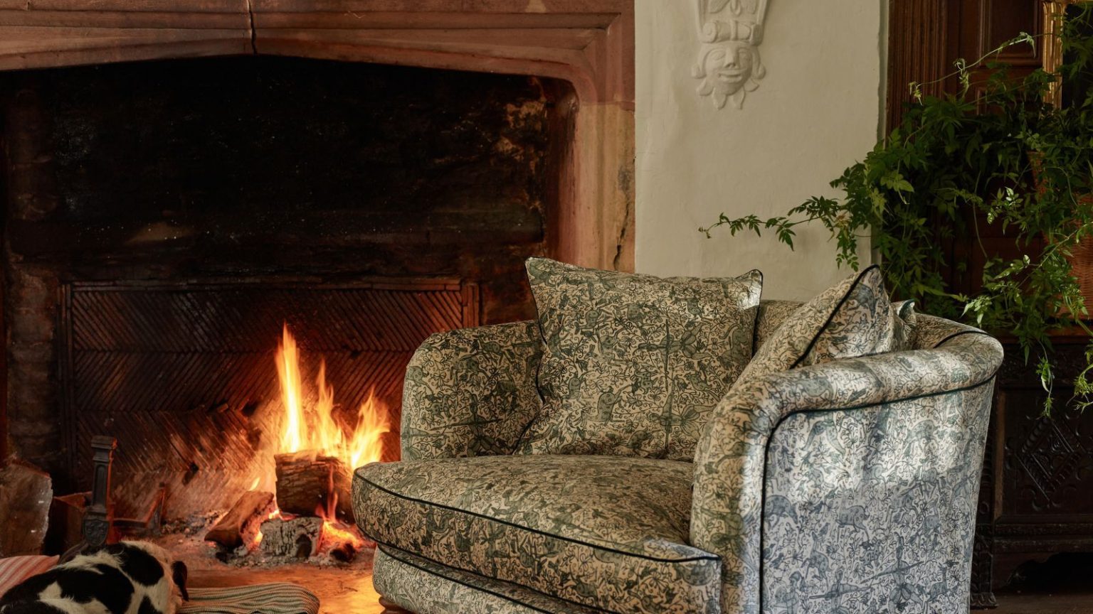 Les professionnels du feu disent que cet article simple placé au bord du feu peut éteindre les flammes en quelques secondes – et il a aussi l’air élégant A paisley print upholstered tub armchair by a cozy fireplace with a stone mantel surround. There is a black and white dog asleep on a fabric bed by the fire