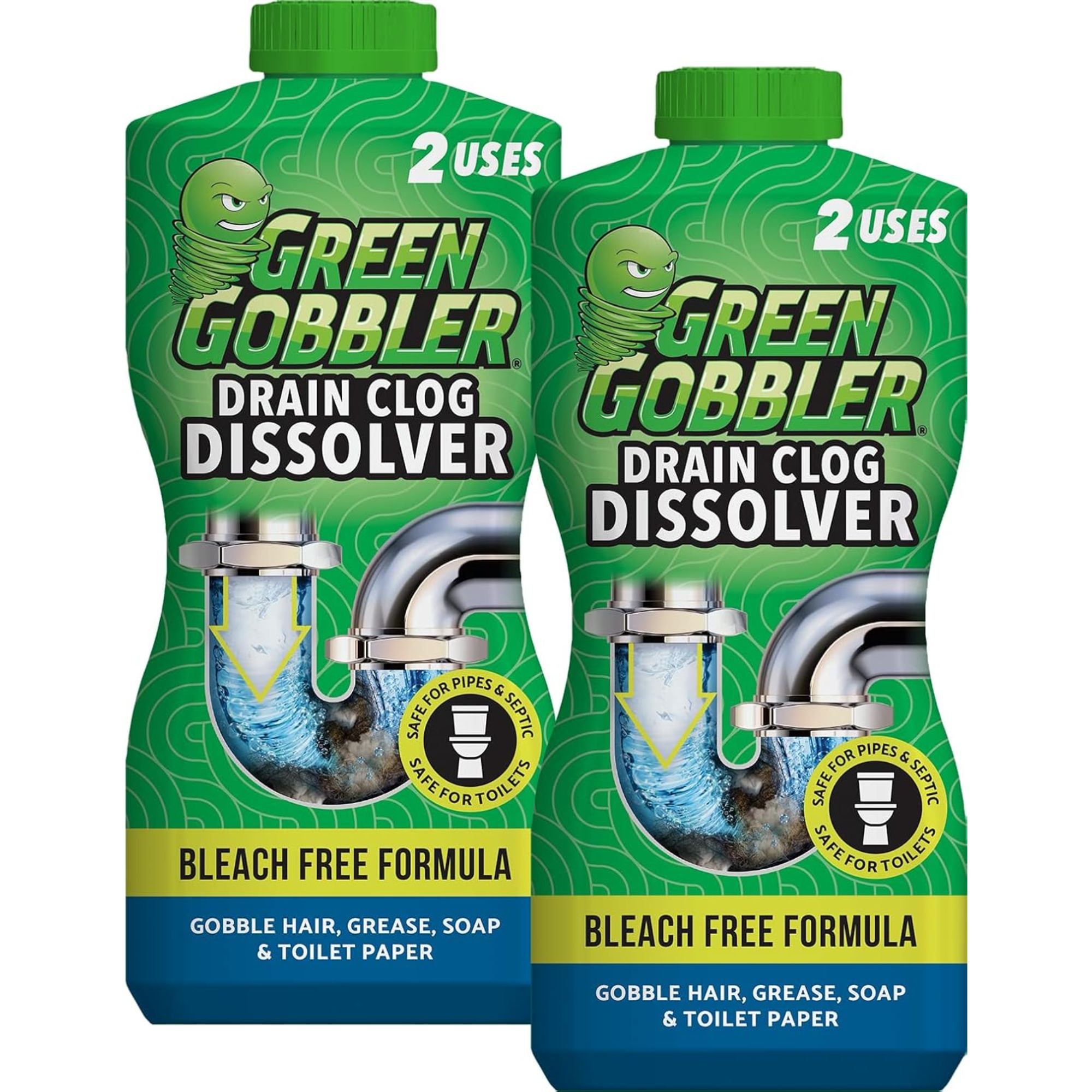 Deux bouteilles vertes de dissolvant de bouchons de canalisation Green Gobbler