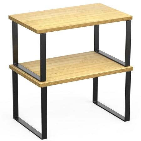 Gped Lot de 2 étagères de comptoir de cuisine, étagère de rangement pour armoire, étagère à épices empilée, étagères extensibles pour organisateur de comptoir de cuisine, étagère à épices, organisateur de bureau, métal et bambou