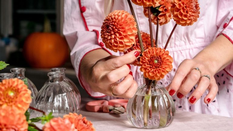 Pétales et racines : cette façon moderne de styliser les vases à bourgeons transformera votre table de Thanksgiving en quelques minutes Hands placing orange ball dahlias into bud vase