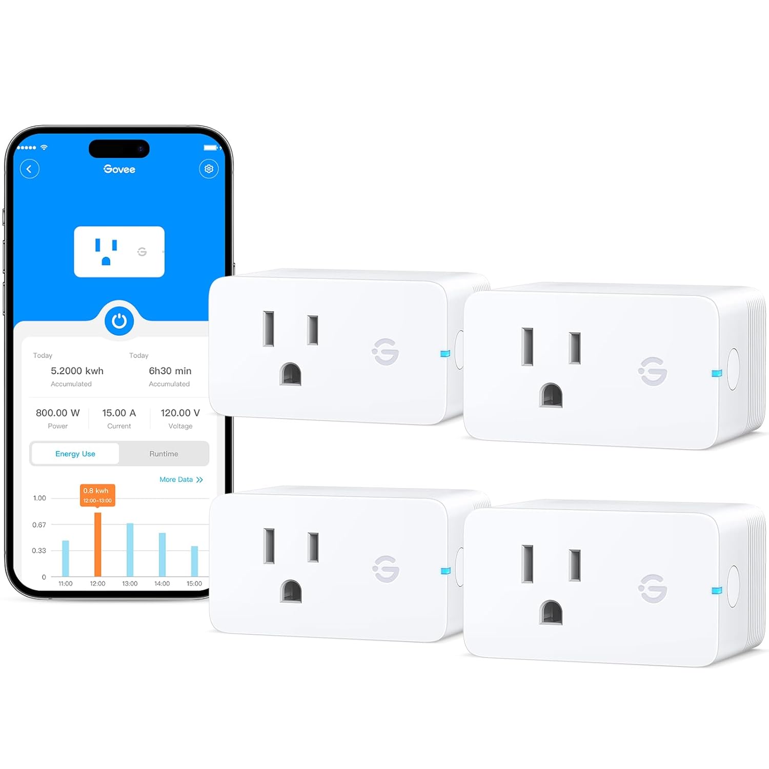 Prise intelligente Govee avec surveillance de l'énergie, prise Wifi Bluetooth fonctionne avec Alexa et Google Assistant, prises intelligentes 15a avec minuterie et amp; Contrôleur de groupe, aucun hub requis, certifié Etl&amp;fcc pour la maison, 1 paquet