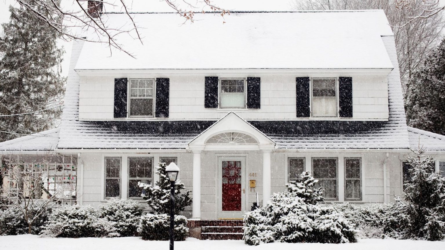 3 règles que les experts en maison suivent toujours pendant les avertissements de neige pour éviter les dommages et les réparations coûteuses A white painted house surrounded by plants, everything covered in snow