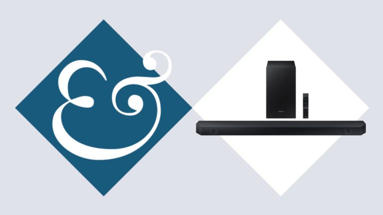 Samsung HW-Q6CC Q-series Soundbar and Subwoofer on tiled background with Homes &amp; Gardens '&amp;' logo.