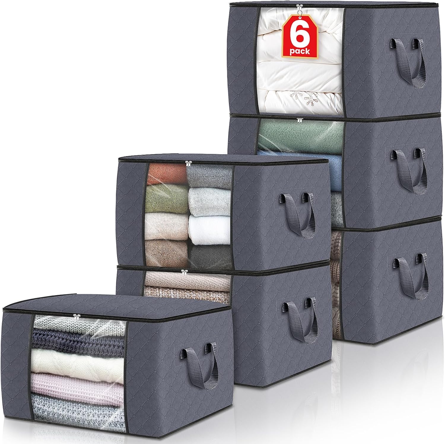 Fab Totes Lot de 6 sacs de rangement pliables pour vêtements, couvertures en tissu épais, conteneurs pour organiser la chambre, le placard, les vêtements, la couette, l'organisation du placard avec poignée, gris