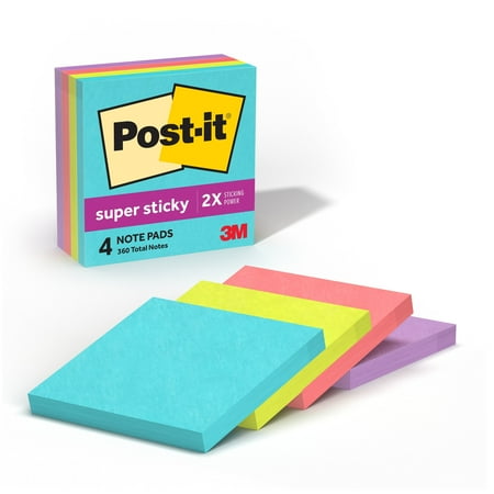 Feuillets super collants Post-It, 3 po. X 3 po, néons Supernova, 4 tampons