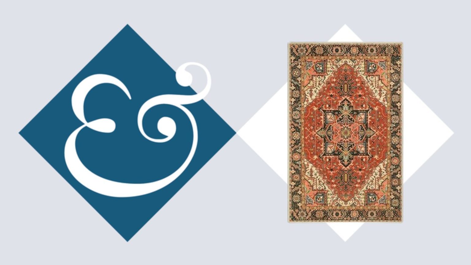 A grey header image with a blue block with the white Homes &amp; Gardens logo on it, and a white block with a burnt orange Persian rug style doormat.