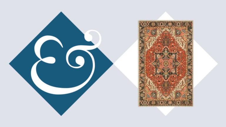 A grey header image with a blue block with the white Homes &amp; Gardens logo on it, and a white block with a burnt orange Persian rug style doormat.