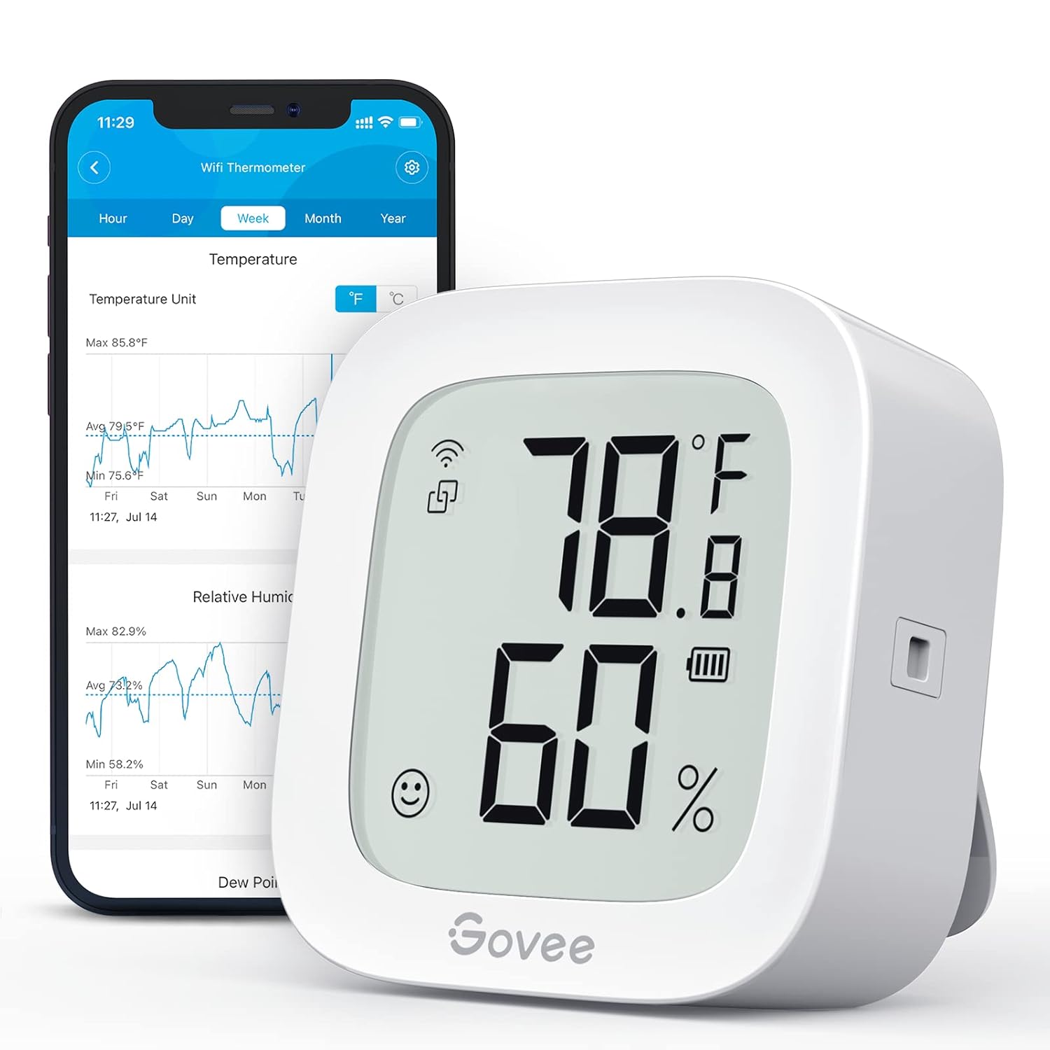 Govee Thermomètre et hygromètre Wifi H5103, capteur de température et d'humidité d'intérieur Bluetooth avec affichage électronique de l'encre, alerte de notification d'application, exportation de stockage de données gratuite, moniteur numérique à distance pour chambre à coucher