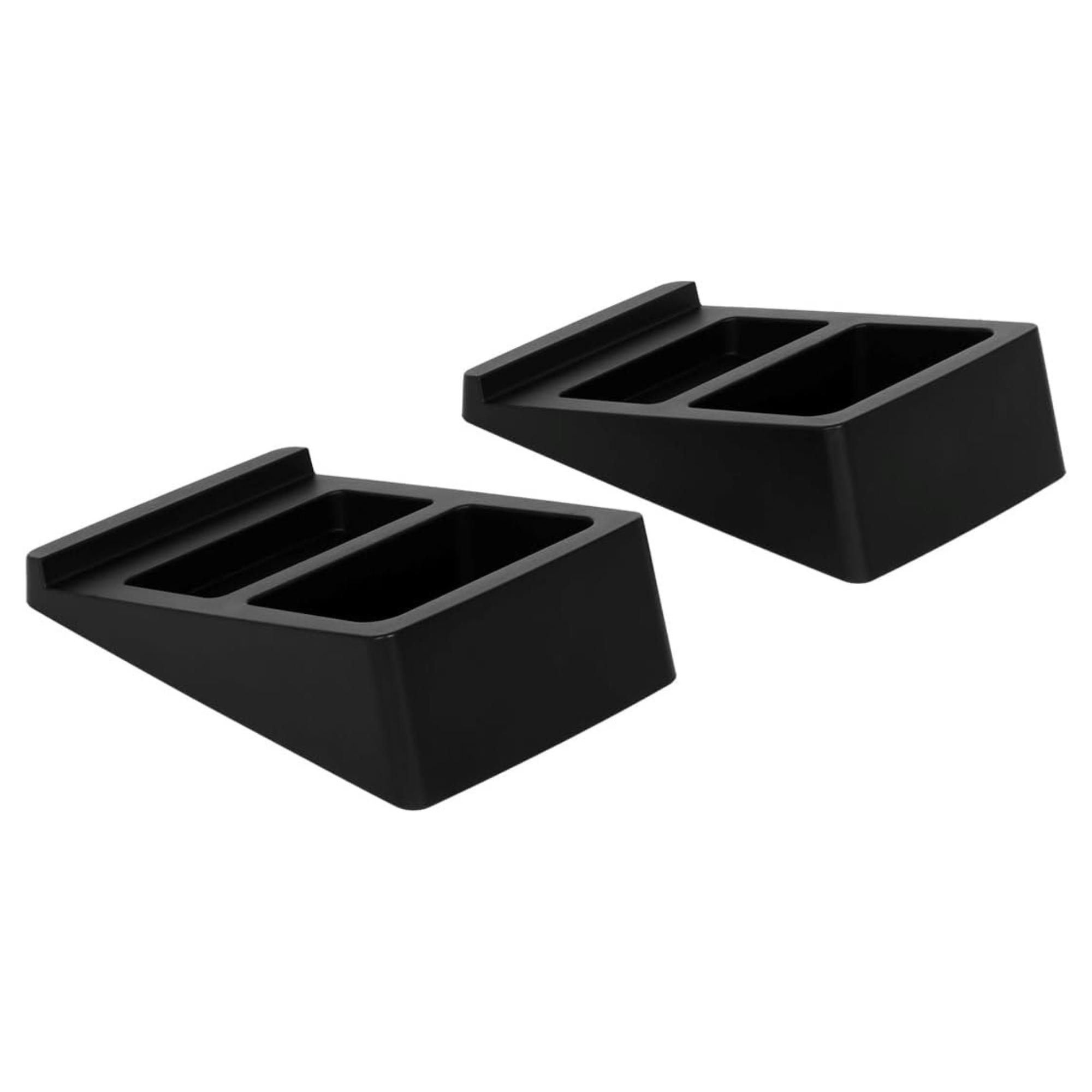 Deux supports de cale de haut-parleur Monoprice sur fond blanc.
