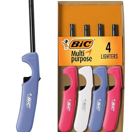 Briquets multi-usages Bic, briquets longs idéaux pour l'éclairage de bougies et de cheminées, couleurs assorties, paquet de 4 (les couleurs peuvent varier)