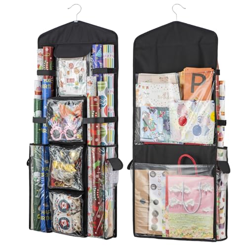 Eolimex Organiseur de papier cadeau – Conteneur de rangement à suspendre pour emballage cadeau, rangement double face sur porte pour cuisine, chambre à coucher, placard, solution peu encombrante, sacs cadeaux – Noir