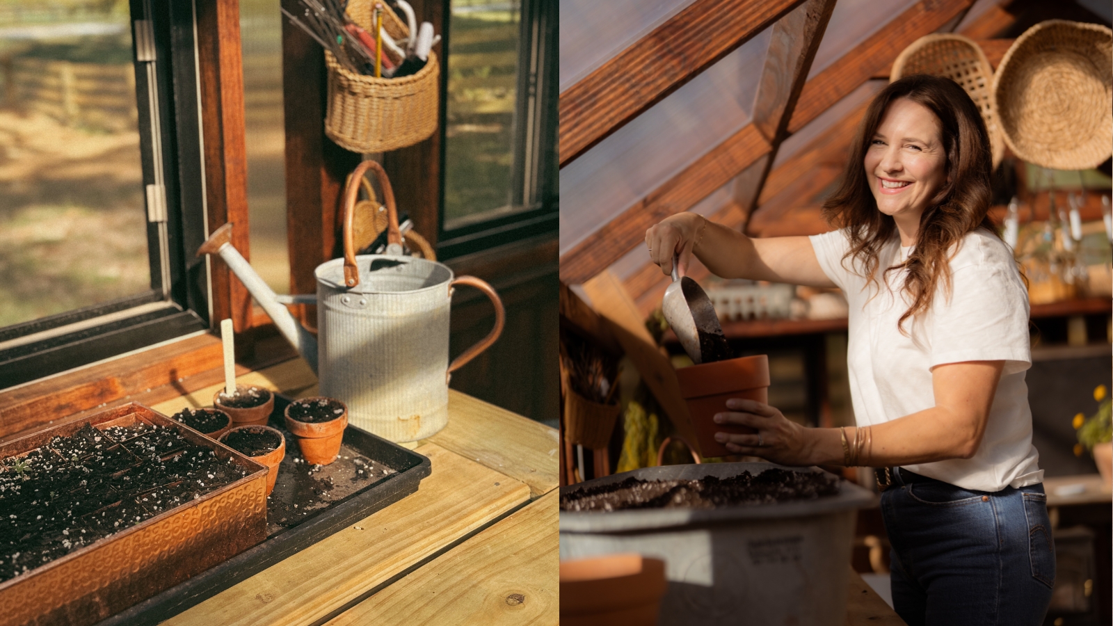 Plateaux de semences remplis de terre et femme remplissant des pots de compost dans une serre