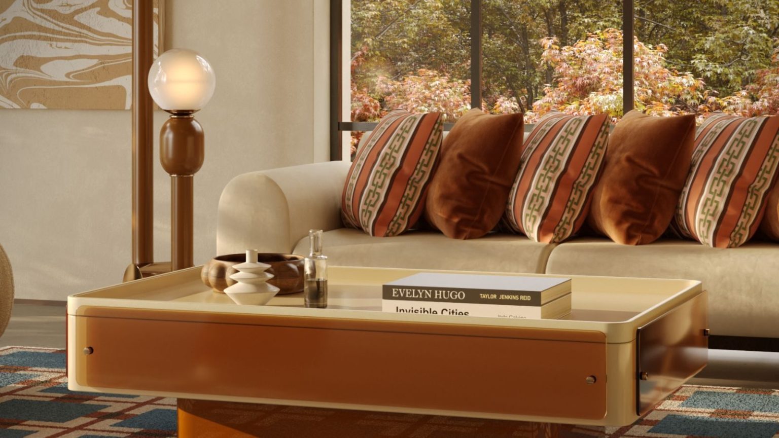 Notre aspirateur à poils d’animaux de requin préféré de tous les temps bannira facilement la fourrure de n’importe quelle surface grâce à sa forte aspiration – et il est 250 $ moins cher en ce moment Cozy living room with cream sofa, brown cushions, mid-century wooden table and floor lamp, and geometric teal rug. In the background, there is a large window, and trees with autumnal leaves are in view
