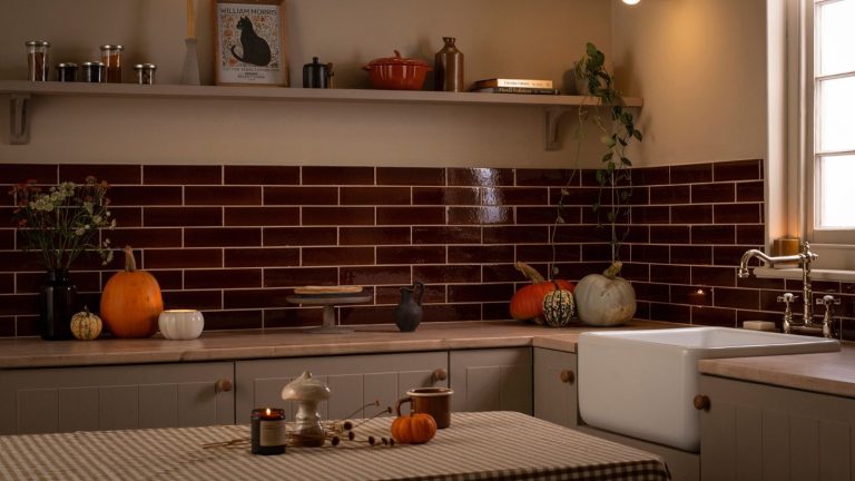 Je suis obsédée par l’automne et j’écris sur le nettoyage pour gagner ma vie. Voici mes meilleurs produits de nettoyage sur le thème de l’automne pour un rafraîchissement saisonnier parfaitement confortable. A dimly lit kitchen with deep red subway tile backsplash. Various sized pumpkins scattered on the counters.