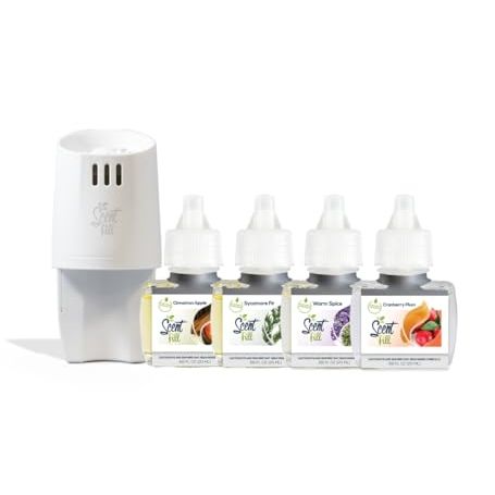 Kit de vacances Scent Fill (pomme cannelle, sapin sycomore, épices chaudes et prune canneberge), 4 recharges + diffuseur