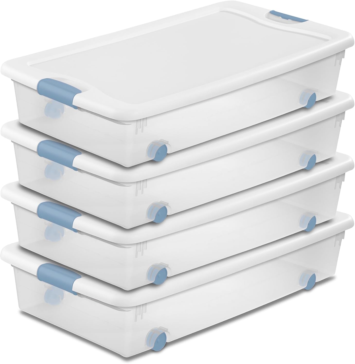 Sterilite Lot de 4 boîtes de rangement sous le lit avec couvercles, plastique transparent, 56 litres – Conteneurs de rangement robustes pour placard, salle de bain et bureau