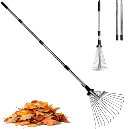 Râteau de jardin pour feuilles, râteau à feuilles réglable en métal robuste pour pelouses, manche long 33