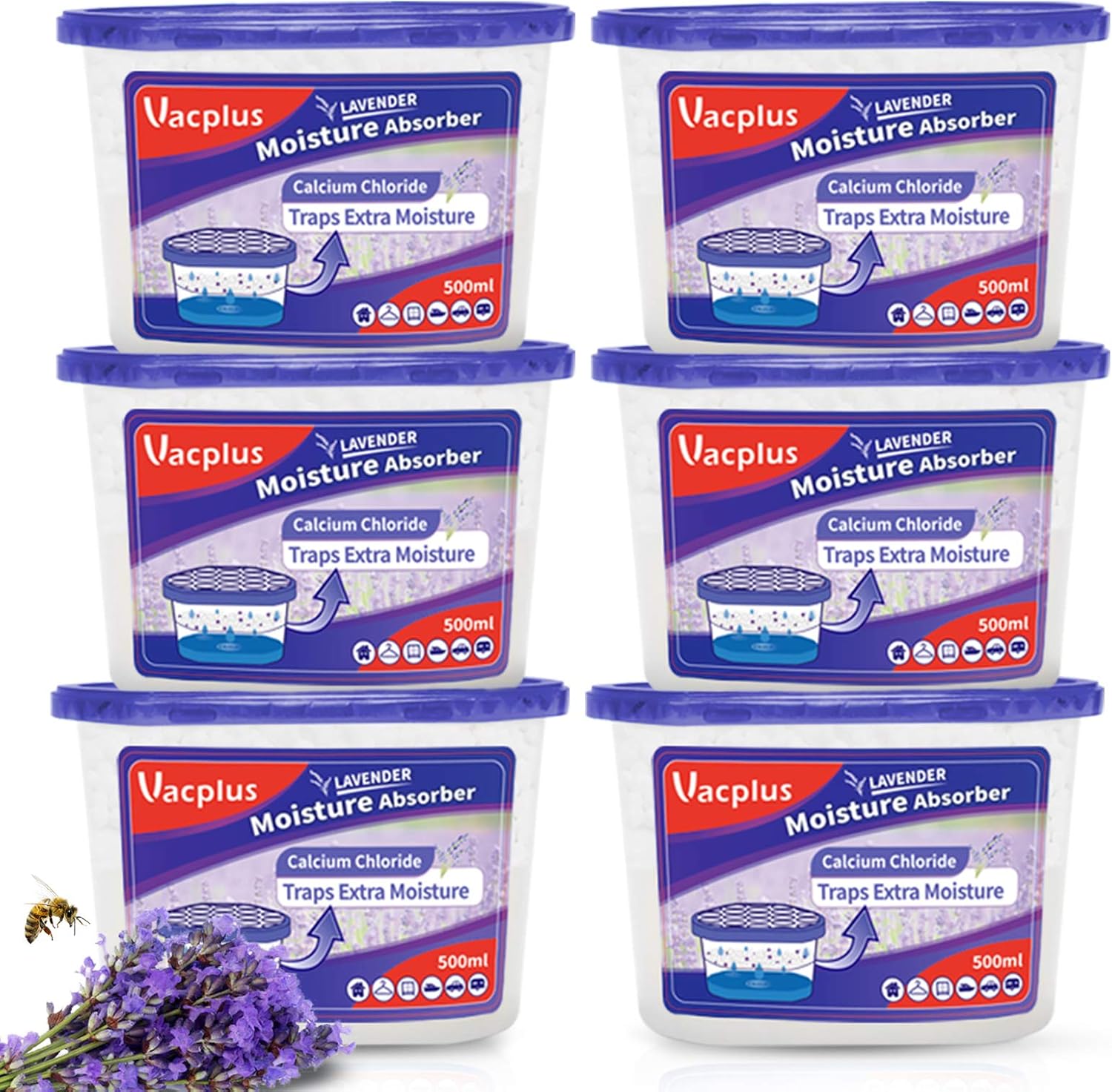 Absorbeurs d'humidité Vacplus, paquet de 6, boîtes d'absorbeurs d'humidité portables de 10,5 oz pour votre salle de bain, placard et salle de bain Voiture, déshumidificateur au parfum de lavande, violet
