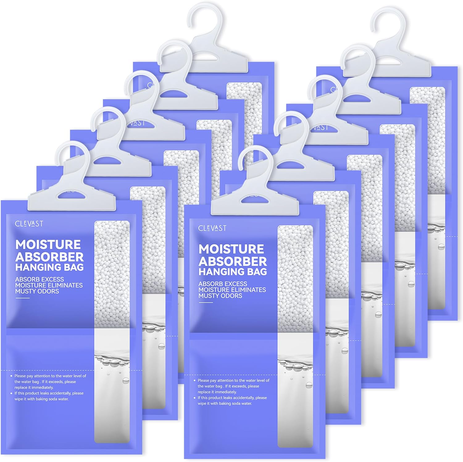 Clevast Lot de 10 absorbeurs d'humidité, sacs déshumidificateurs pour placard, absorbeur d'humidité suspendu non parfumé dans les armoires, chambres à coucher, salles de bains (poids net 230 g/paquet)