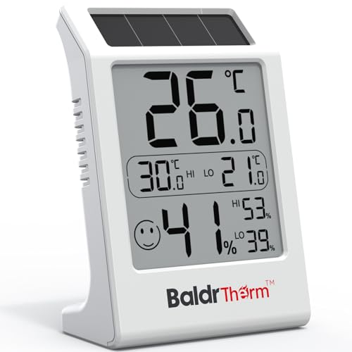 Baldrtherm Thermomètre d'ambiance Humidimètre intérieur, à énergie solaire 3.2 # 039; # 039; Grand moniteur numérique à capteur de température avec lecture Max/min pour chambre de bébé, maison, bureau, blanc, 1 paquet