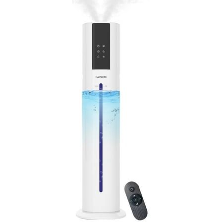 Humsure Humidificateur adapté pour grande pièce, humidificateur silencieux de chambre à coucher de 2,4 gal/9 l, humidificateur ultrasonique à brume fraîche à 3 vitesses, minuterie, coton d'aromathérapie, télécommande, mode veille, blanc