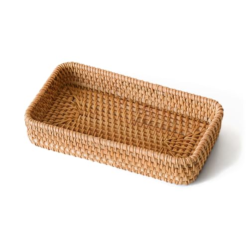 Petit plateau de service en rotin, plateau décoratif en osier naturel tissé à la main pour clés, bibelots, bagues, cosmétiques, plateau de parfum décoratif pour table basse, entrée, salon (8,2