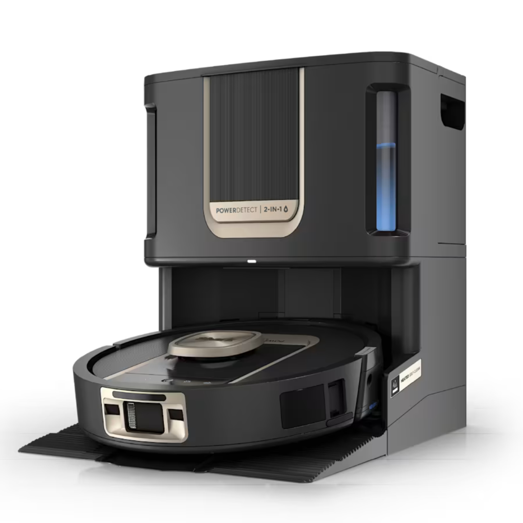 Robot aspirateur et vadrouille 2-en-1 Shark PowerDetect ThermoCharged NeverTouch Pro sur fond blanc.