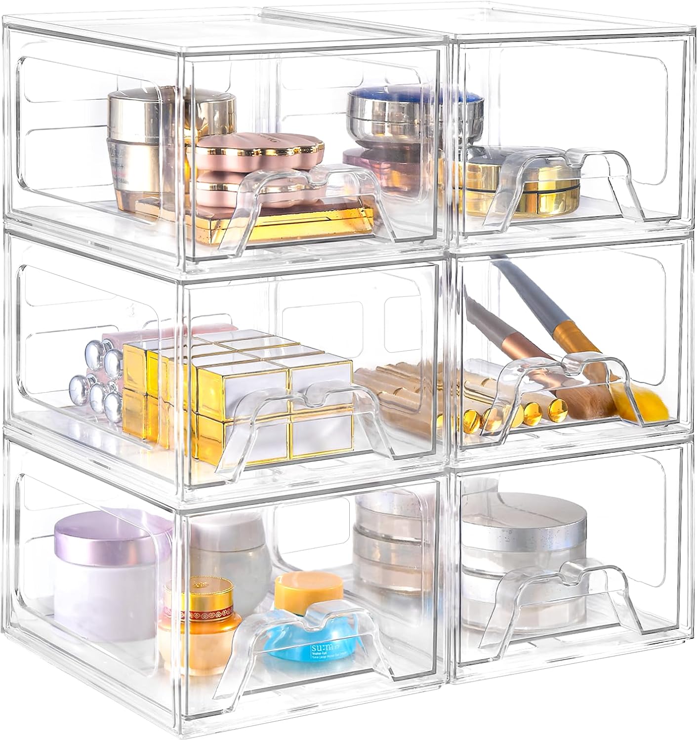 Organisateur de maquillage empilable Stebopum, paquet de 6, 4,4 #039;#039; Grand organiseur de maquillage et tiroir de rangement en acrylique pour salle de bain avec poignée coulissante, bacs de rangement en plastique transparent pour vanité, garde-manger, bureau, sous évier, cuisine