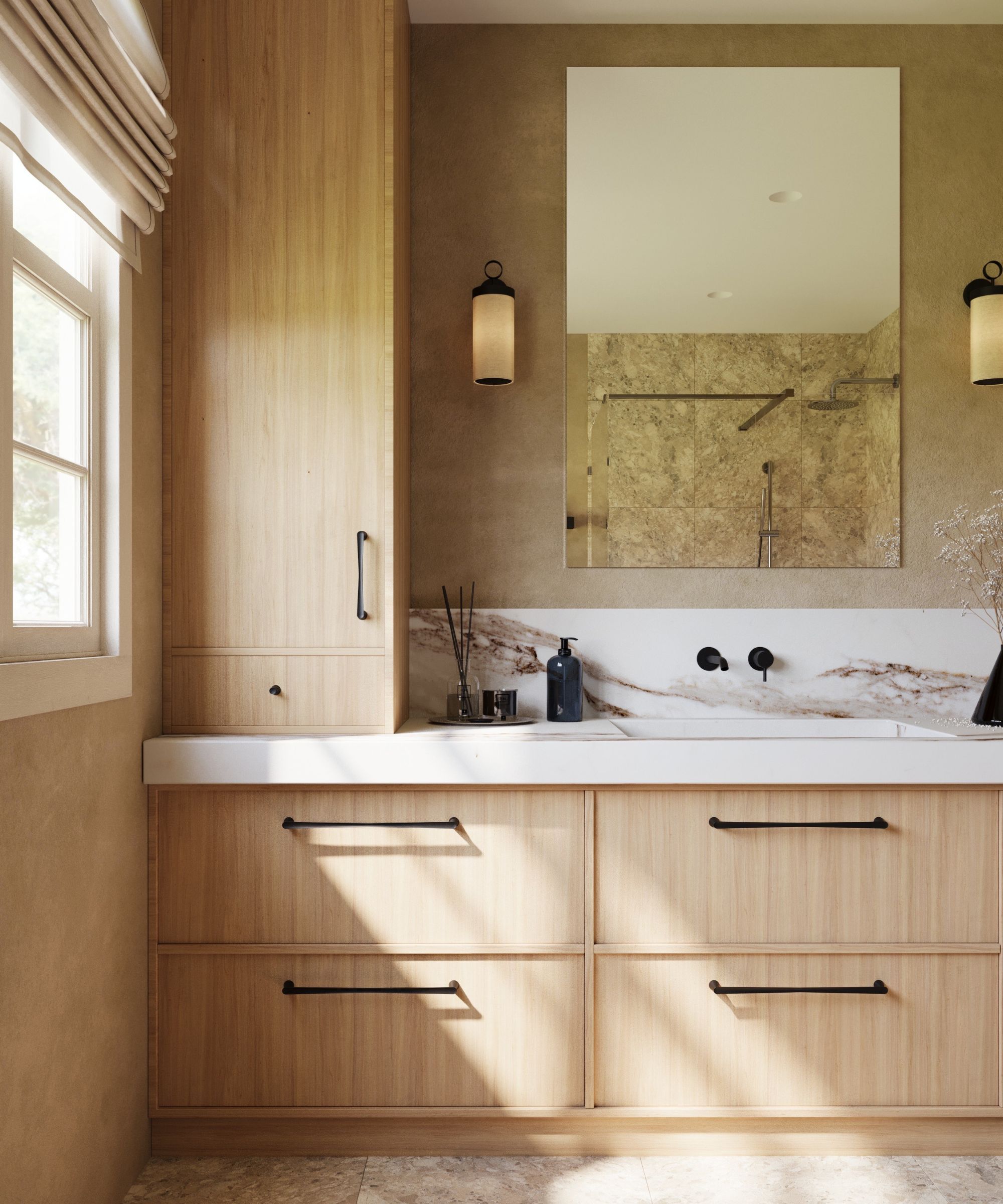 Une salle de bain en bois avec armoire de rangement