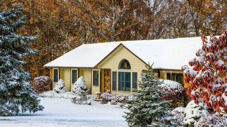 La moisissure peut commencer à se développer en seulement 24 heures, c’est pourquoi les propriétaires frappés par une tempête de neige sont avertis de sécher rapidement l’humidité cachée. Suburban Midwestern house after first snowfall; fall foliage is still preserved; winter in Missouri