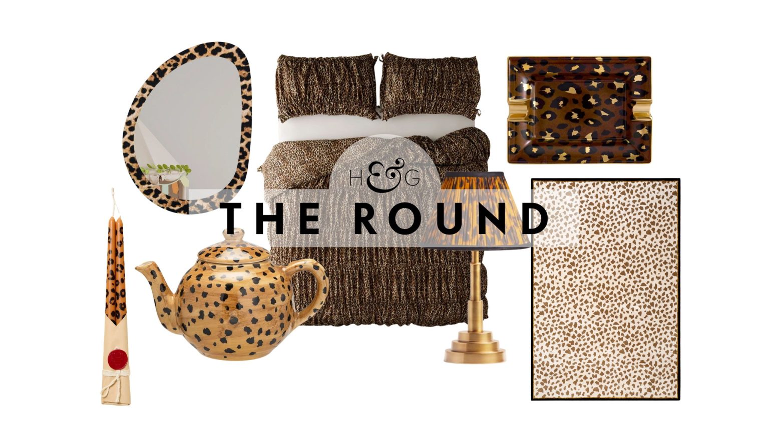 L’imprimé léopard est le motif « Old Money » qui apporte un glamour subtil à chaque schéma neutre – ces 24 pièces sont incroyablement chics. Leopard print decor, including an irregular wall mirror, taper candle duo, tea kettle, table runner, duvet set, ash tray, table lamp, and rug, pictured against a white background