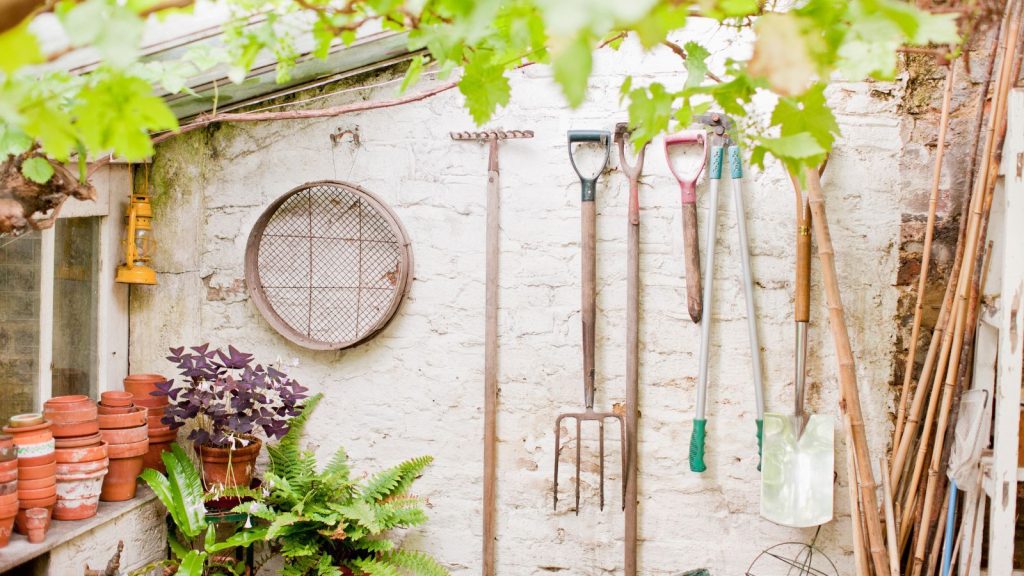 Garden tools in a greenhouse hanging on the wall